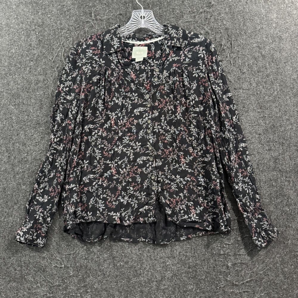 Maeve Blouse Women's Petite 0P Black Floral Rayon Button Front Anthropologie